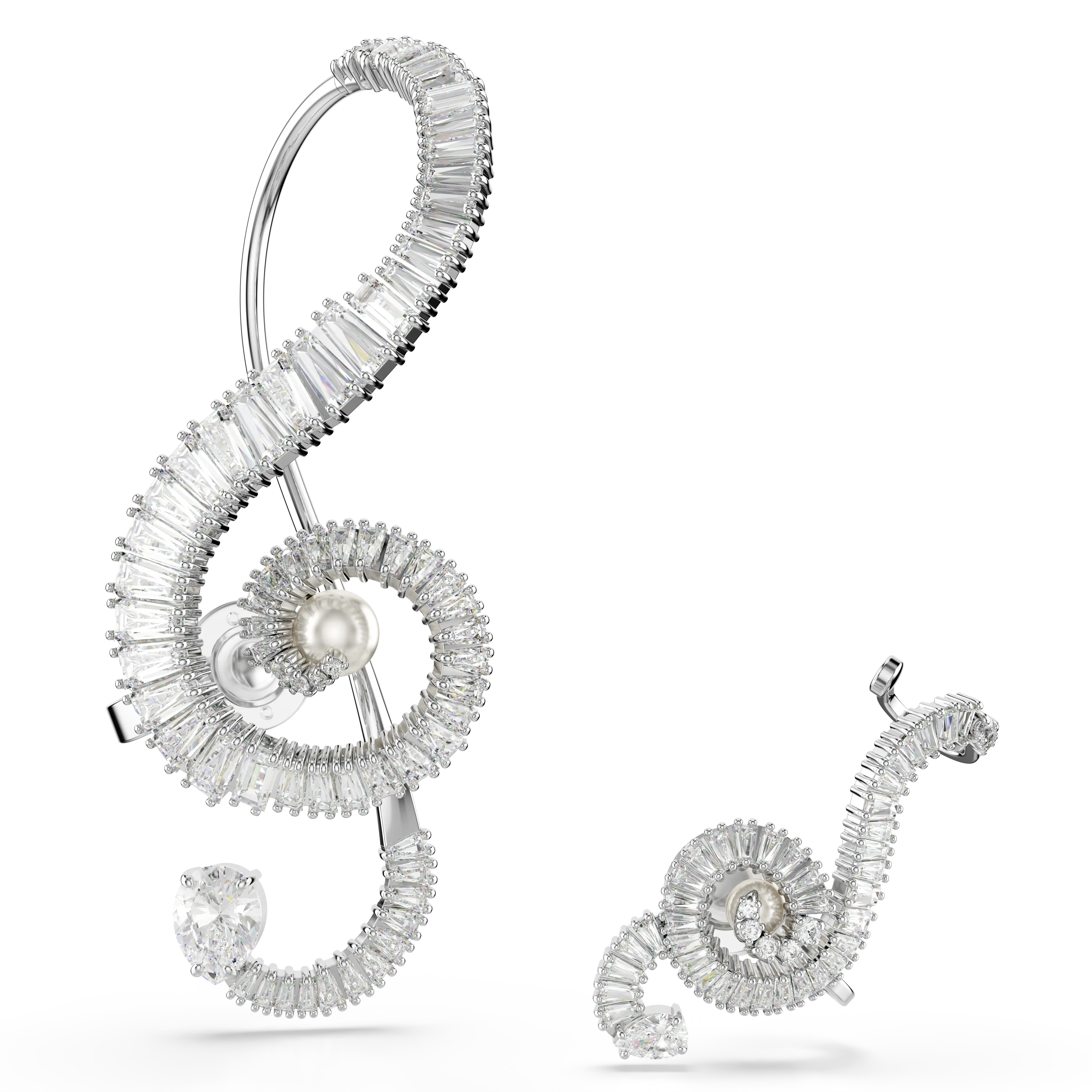 Ariana Grande x Swarovski clip earrings Asymmetrical design/Crystal pearl/Baguette cut/White/Rhodium plated