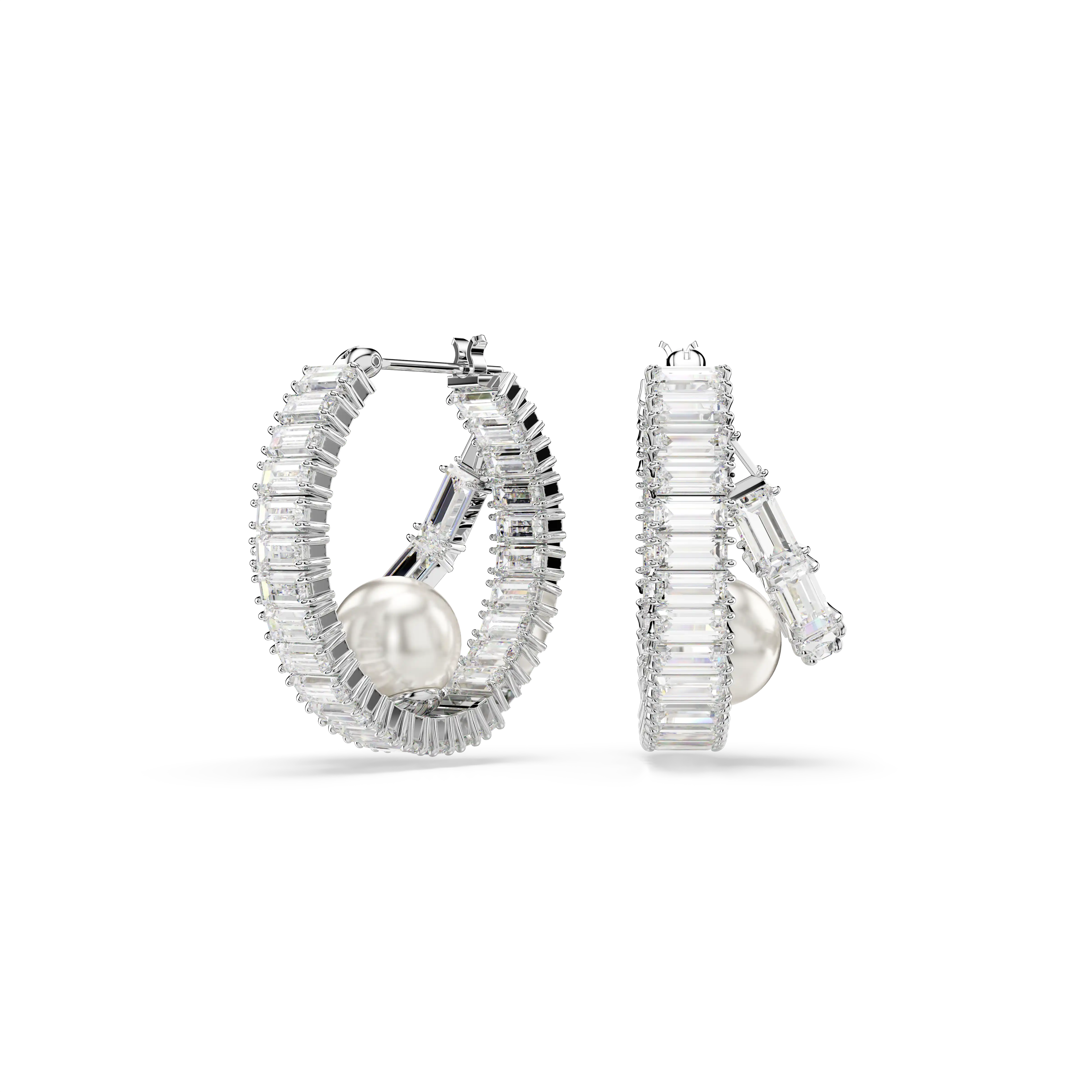 Ariana Grande x Swarovski hoop earrings Crystal pearl/Baguette cut/White/Rhodium plated