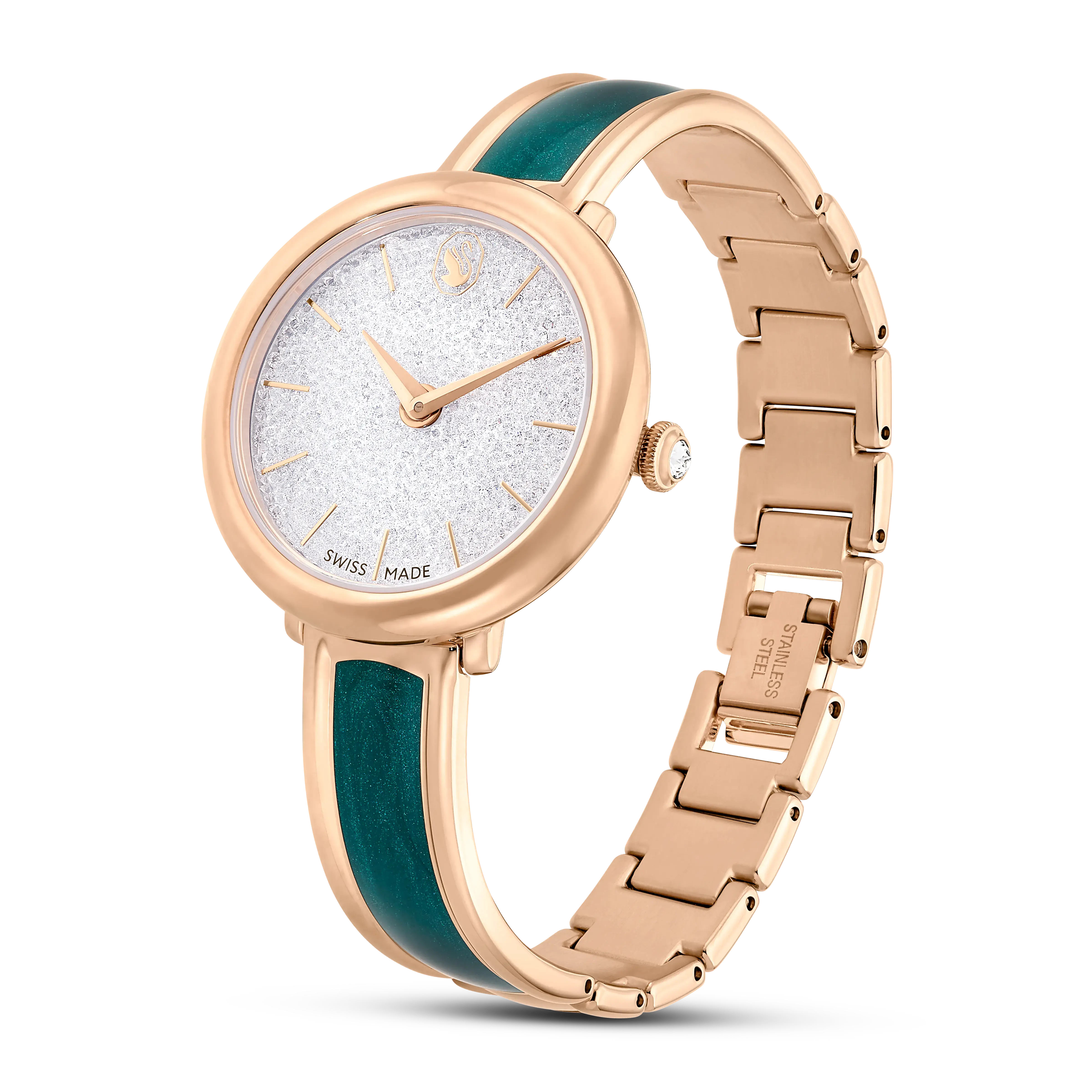 Crystalline Bangle watch Swiss Made/Metal bracelet/Green/Rose gold-tone finish