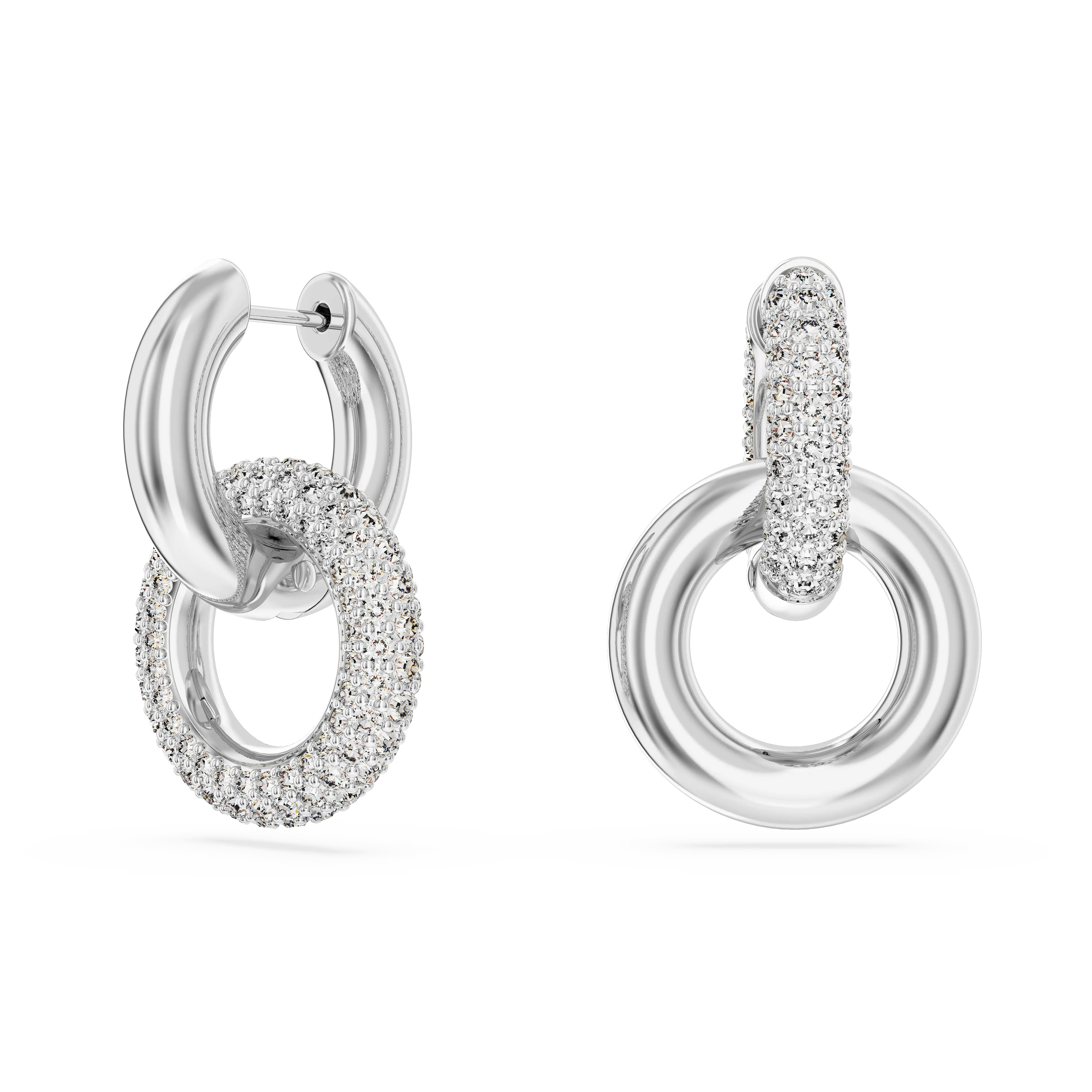 Dextera hoop earrings Asymmetrical design/Interlocking loop/White/Rhodium plated