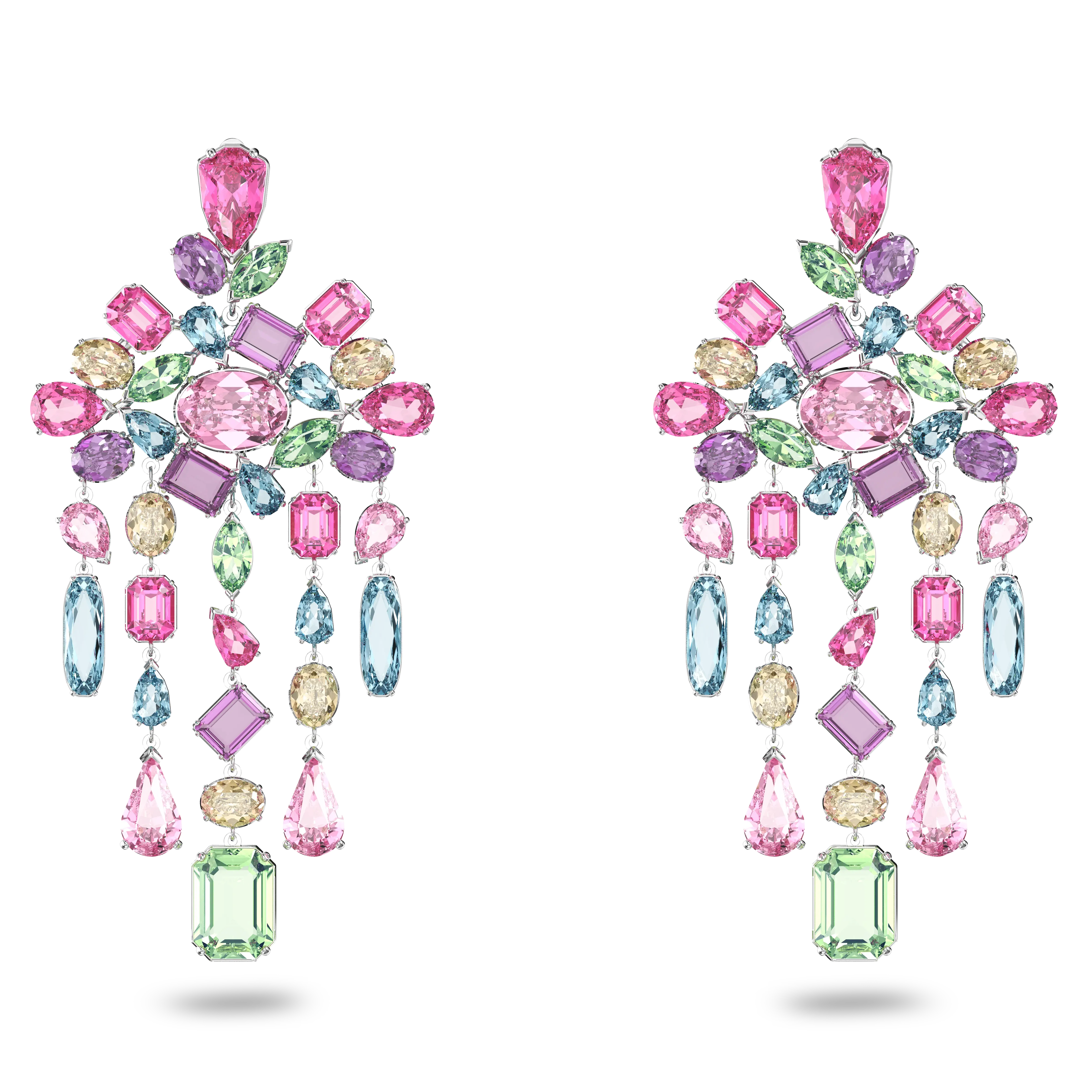 Gema clip earrings Mixed cuts/Chandelier/Extra long/Multicolored/Rhodium plated