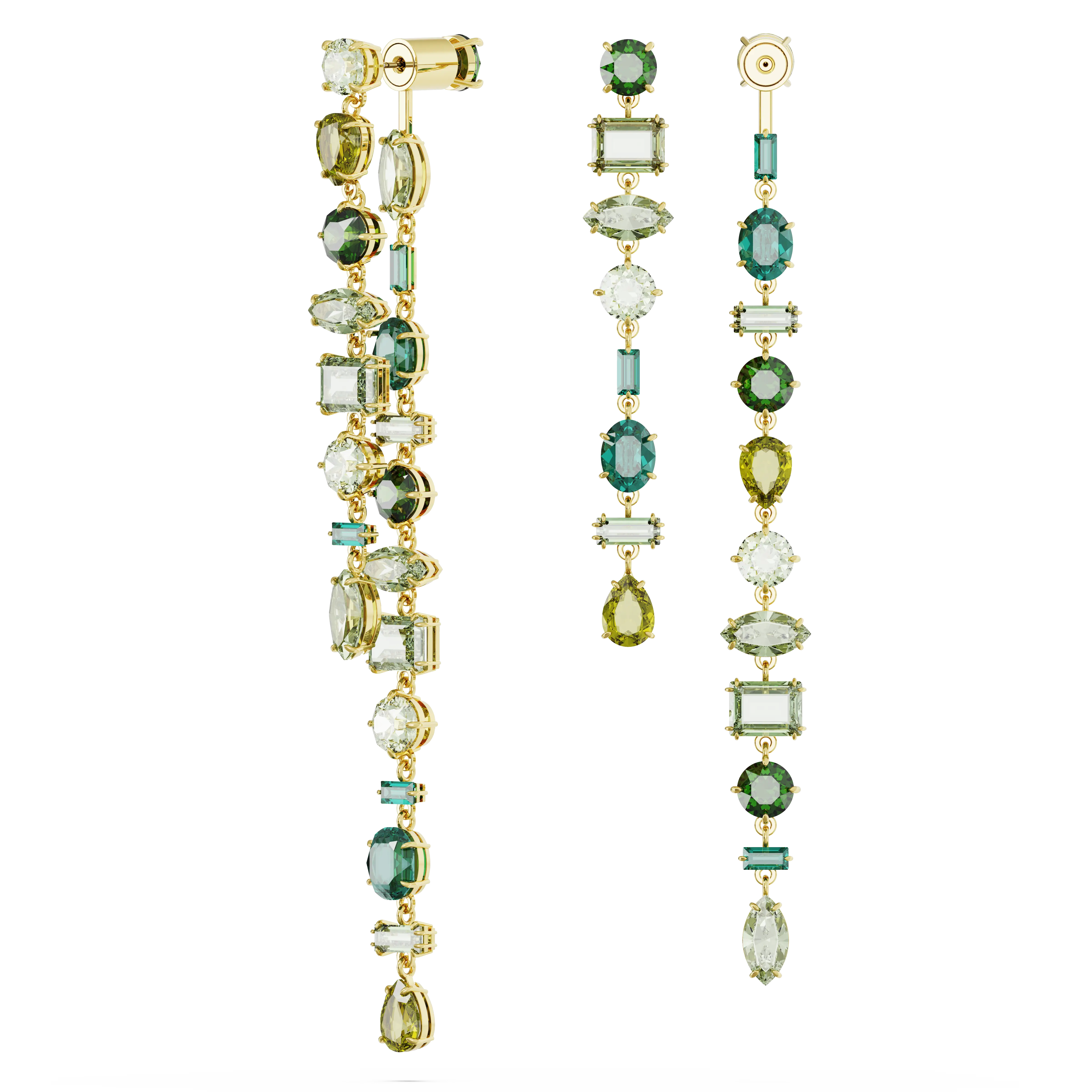 Gema drop earrings Asymmetrical design/Mixed cuts/Extra long/Green/Gold-tone plated