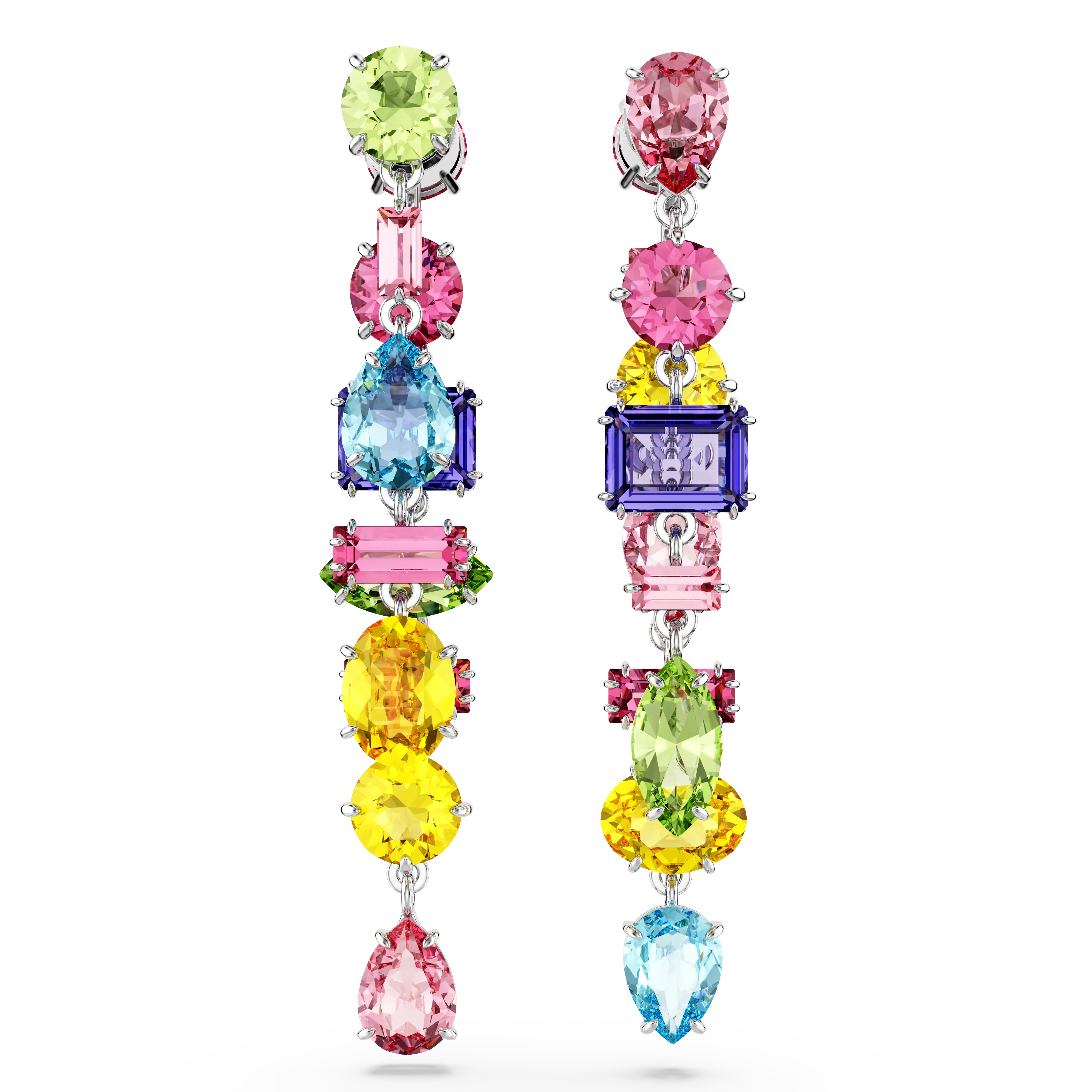 Gema drop earrings Asymmetrical design/Mixed cuts/Long/Multicolored/Rhodium plated