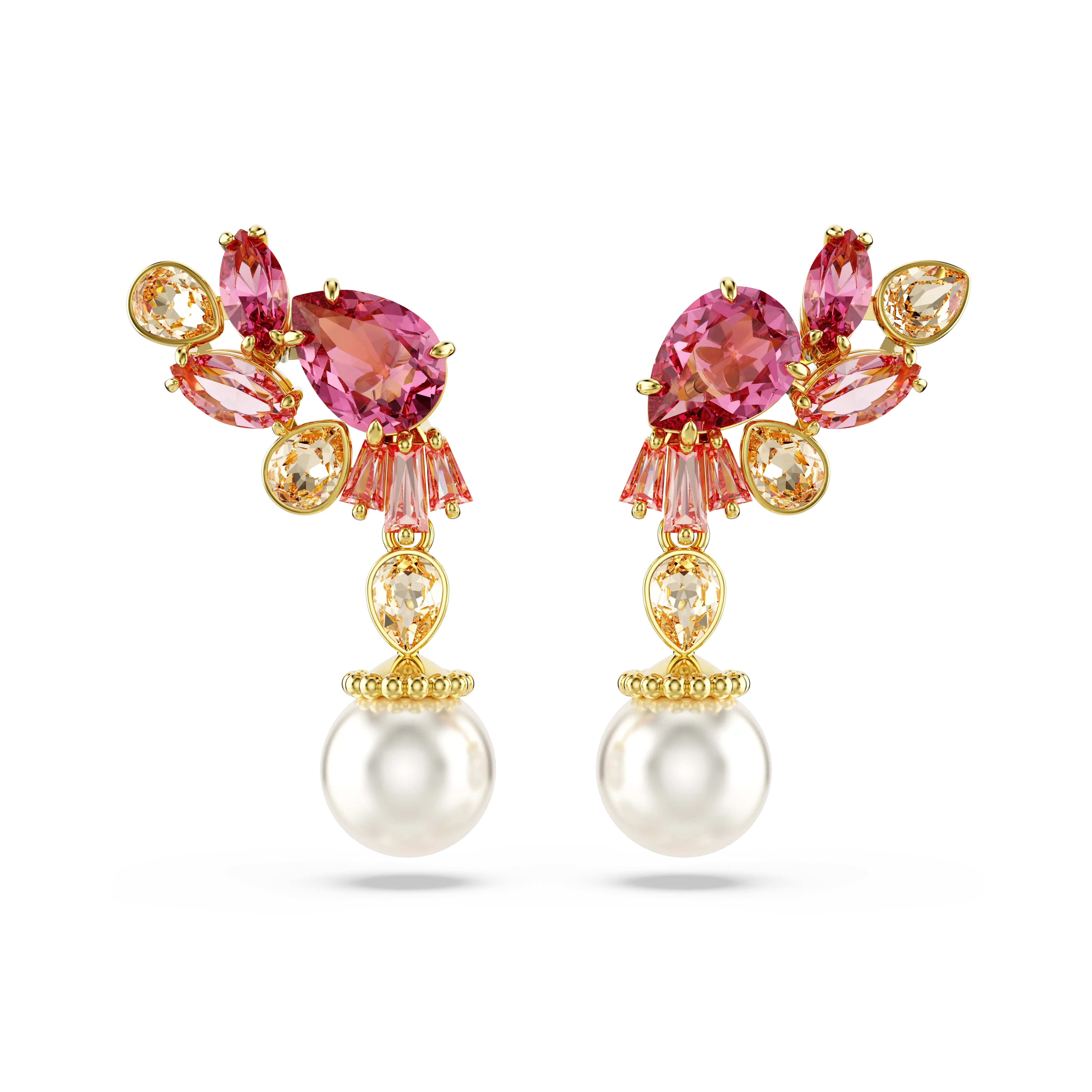 Gema drop earrings Mixed cuts/Crystal pearls/Flower/Pink/Gold-tone plated