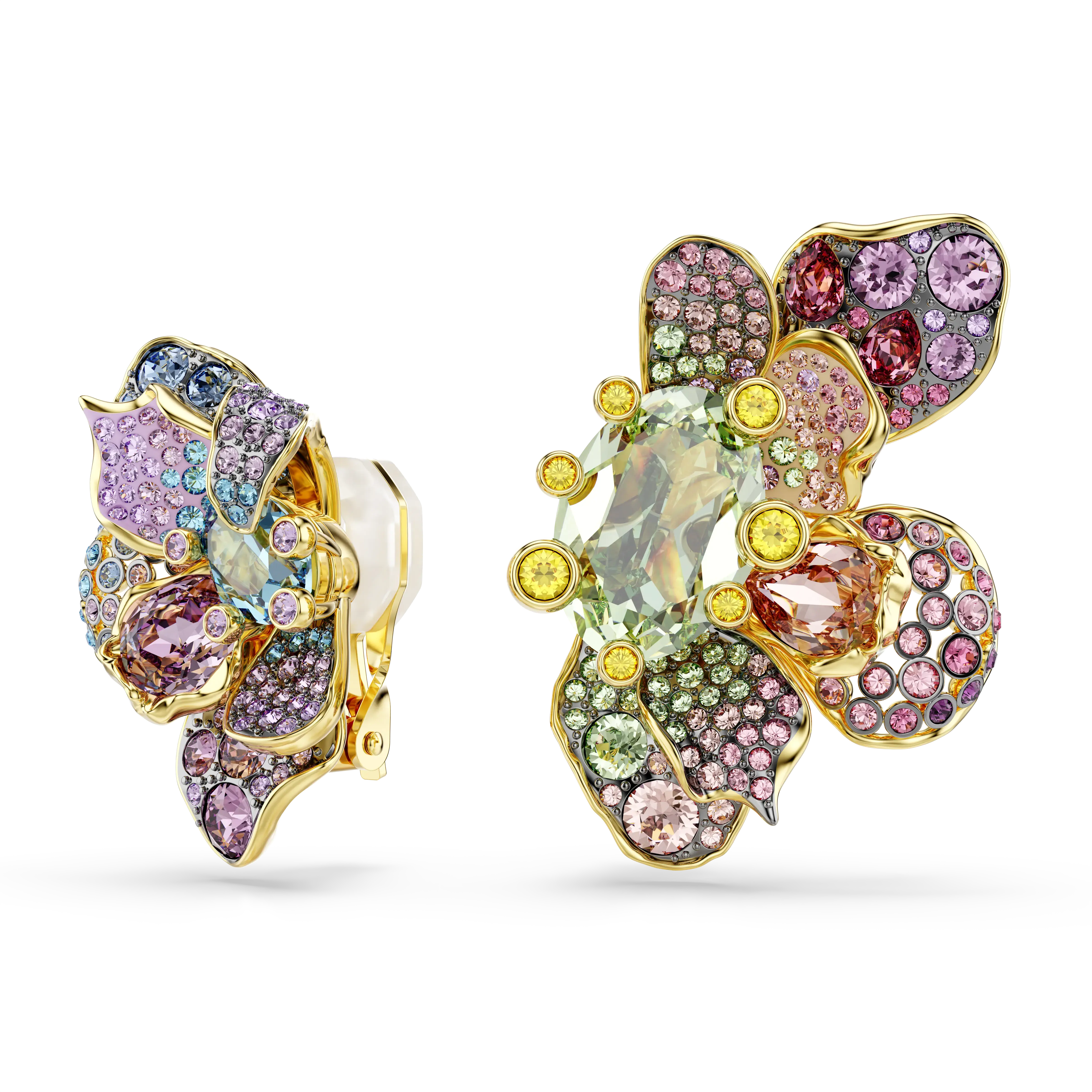 Idyllia clip earrings Asymmetrical design/Mixed cuts/Pavé/Flower/Multicolored/Gold-tone plated