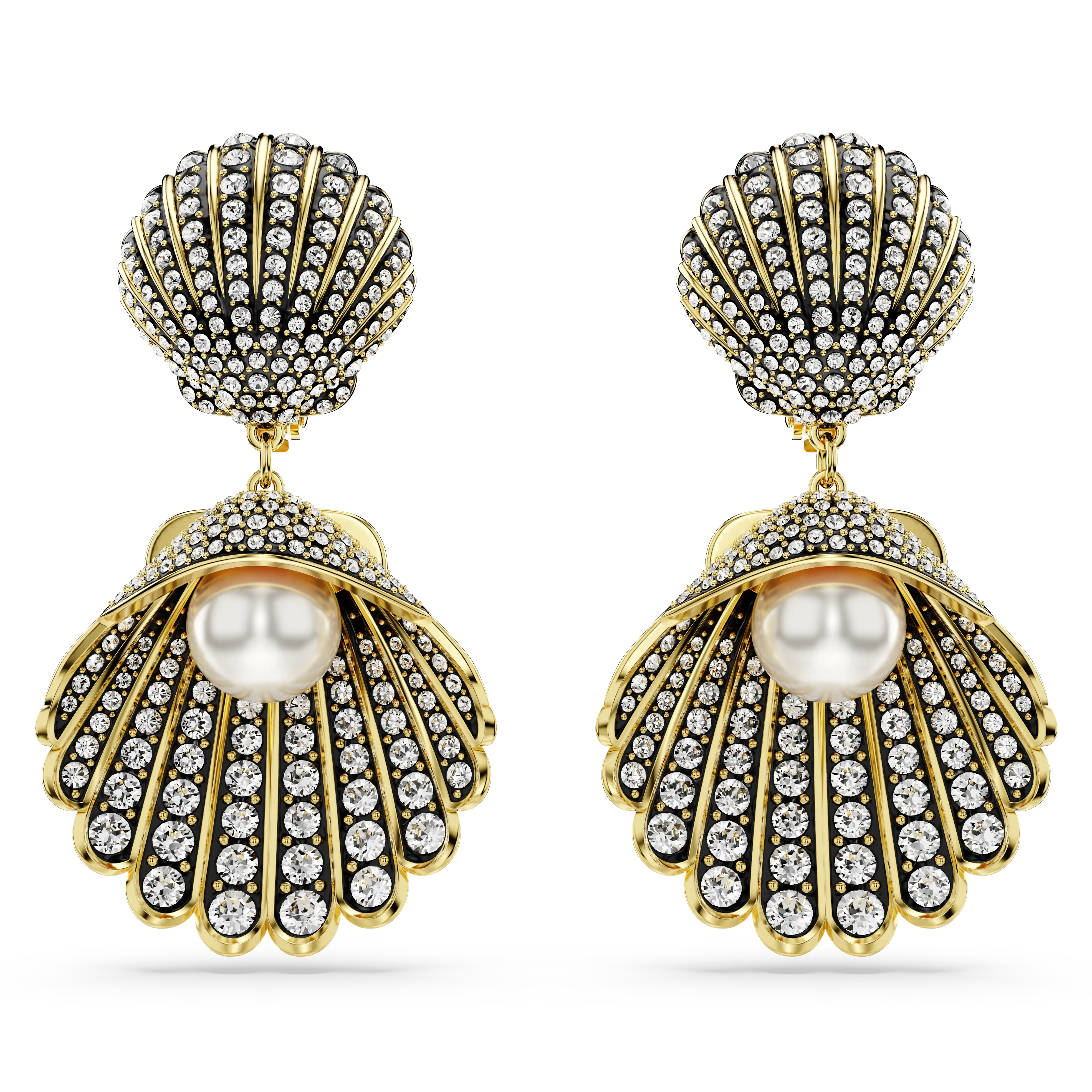Idyllia clip earrings Crystal pearl/Shell/White/Gold-tone plated