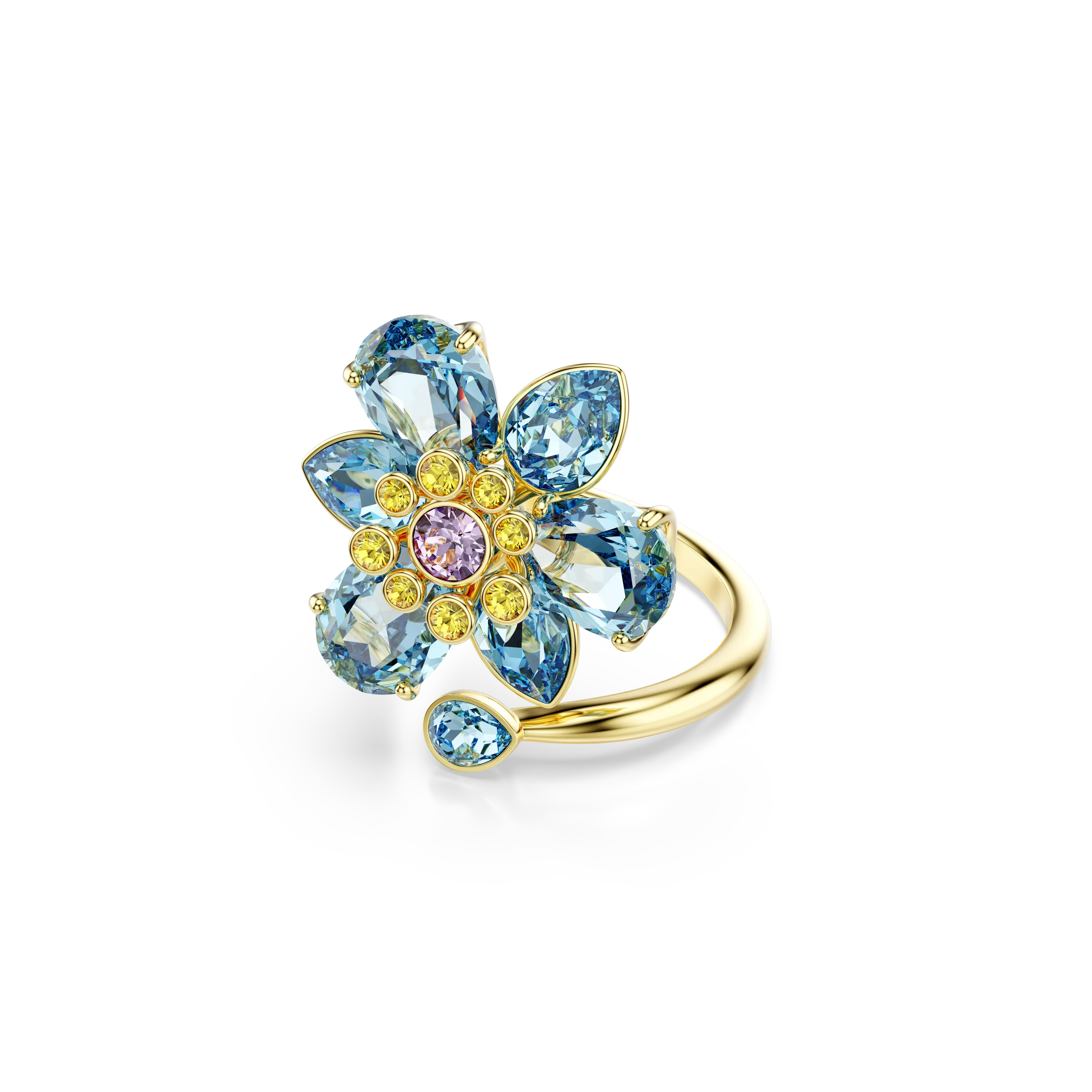 Idyllia open ring Mixed cuts/Flower/Blue/Gold-tone plated