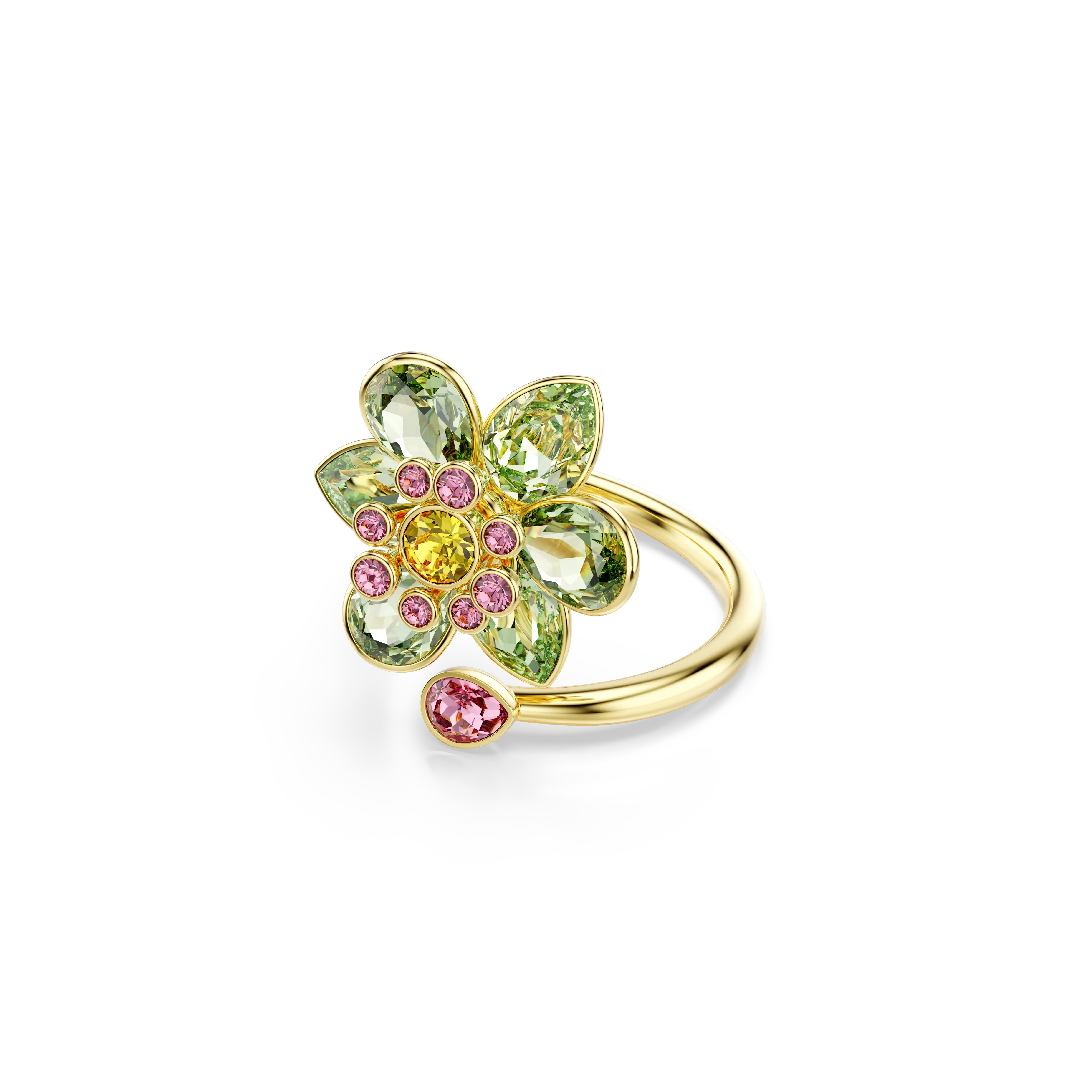 Idyllia open ring Mixed cuts/Flower/Green/Gold-tone plated