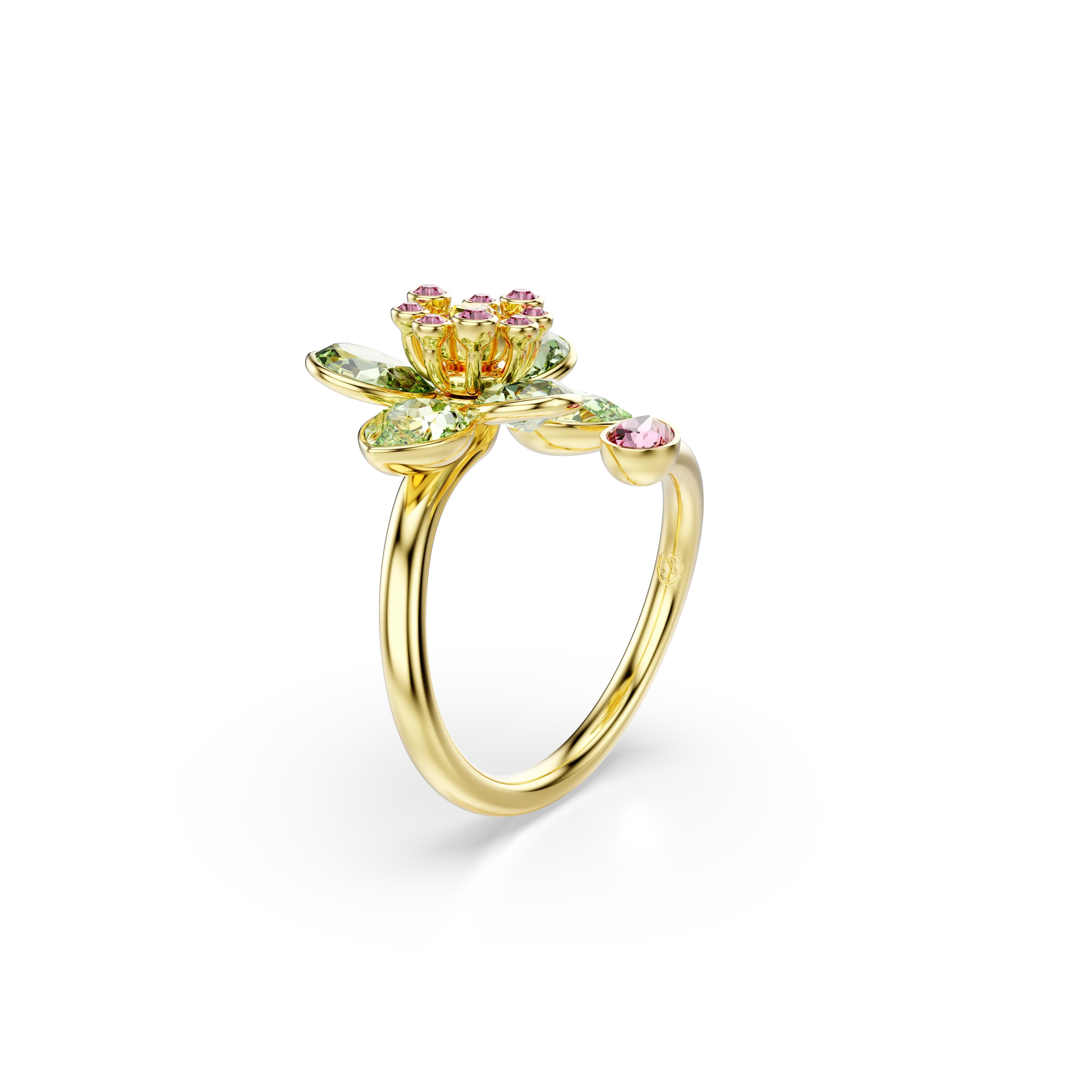 idyllia-open-ring-mixed-cuts-flower-green-gold-tone-plated-swarovski-5720297-2.webp