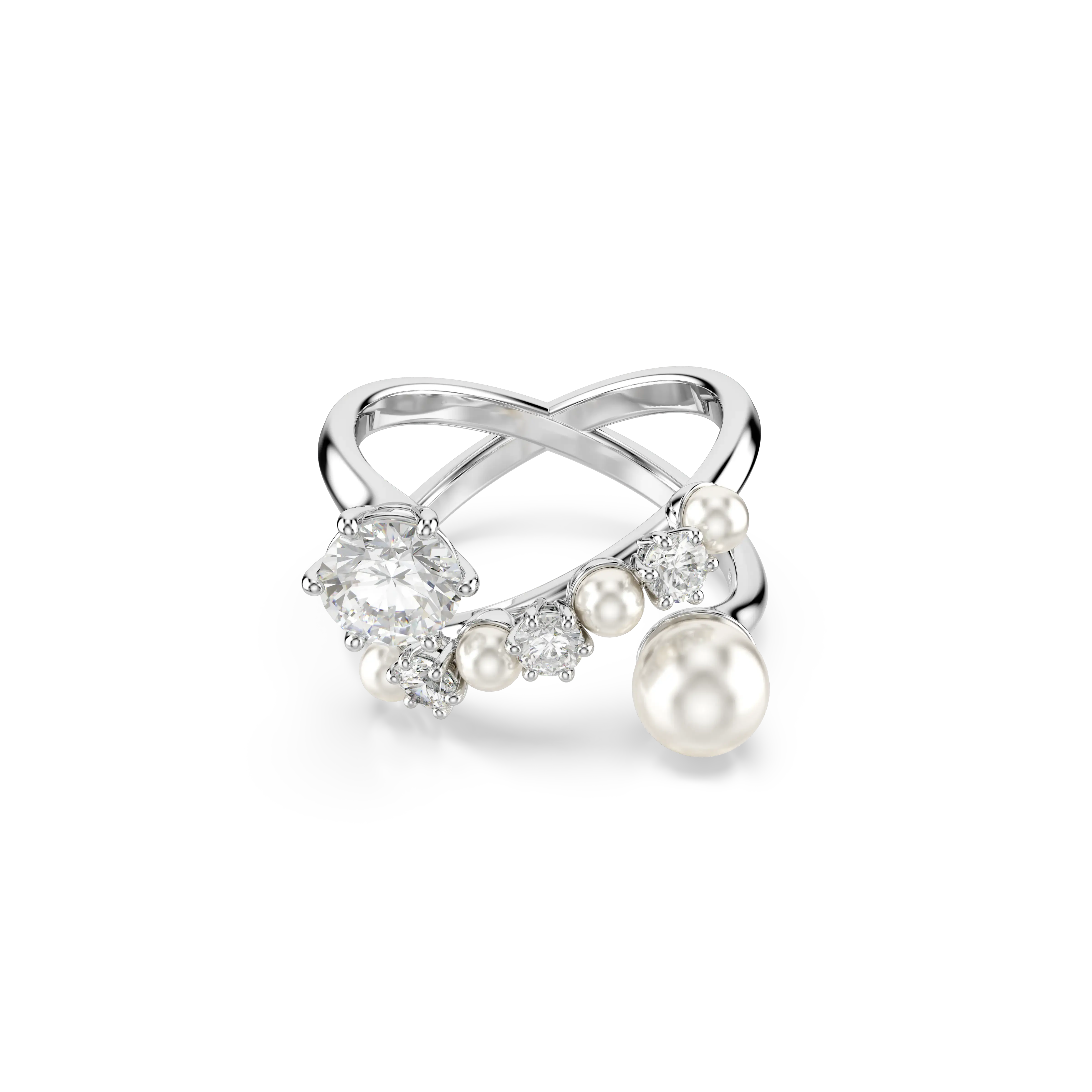 Matrix cocktail ring Crystal pearl/Round cut/White/Rhodium plated