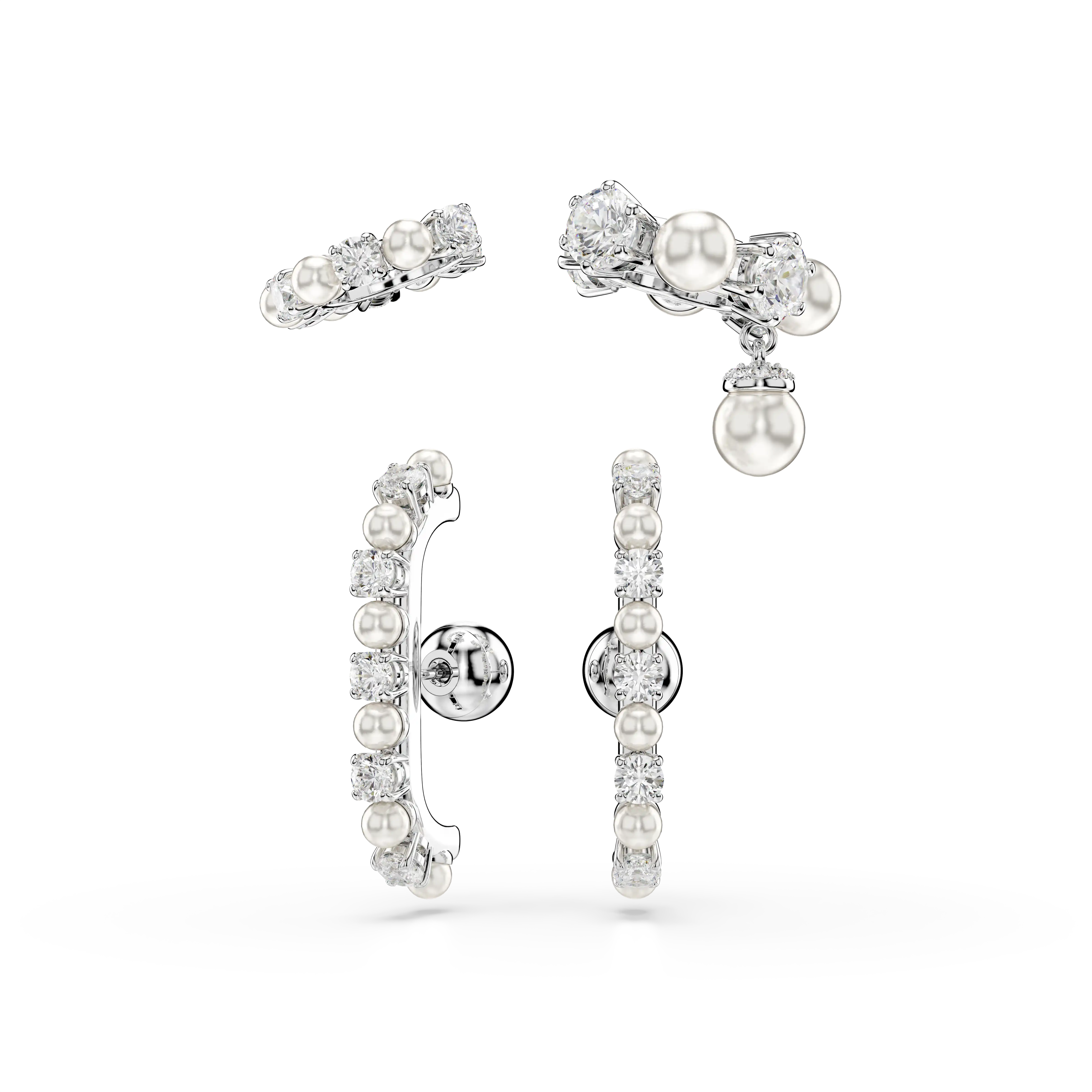 Matrix ear cuff Set (3)/Crystal pearl/Round cut/White/Rhodium plated