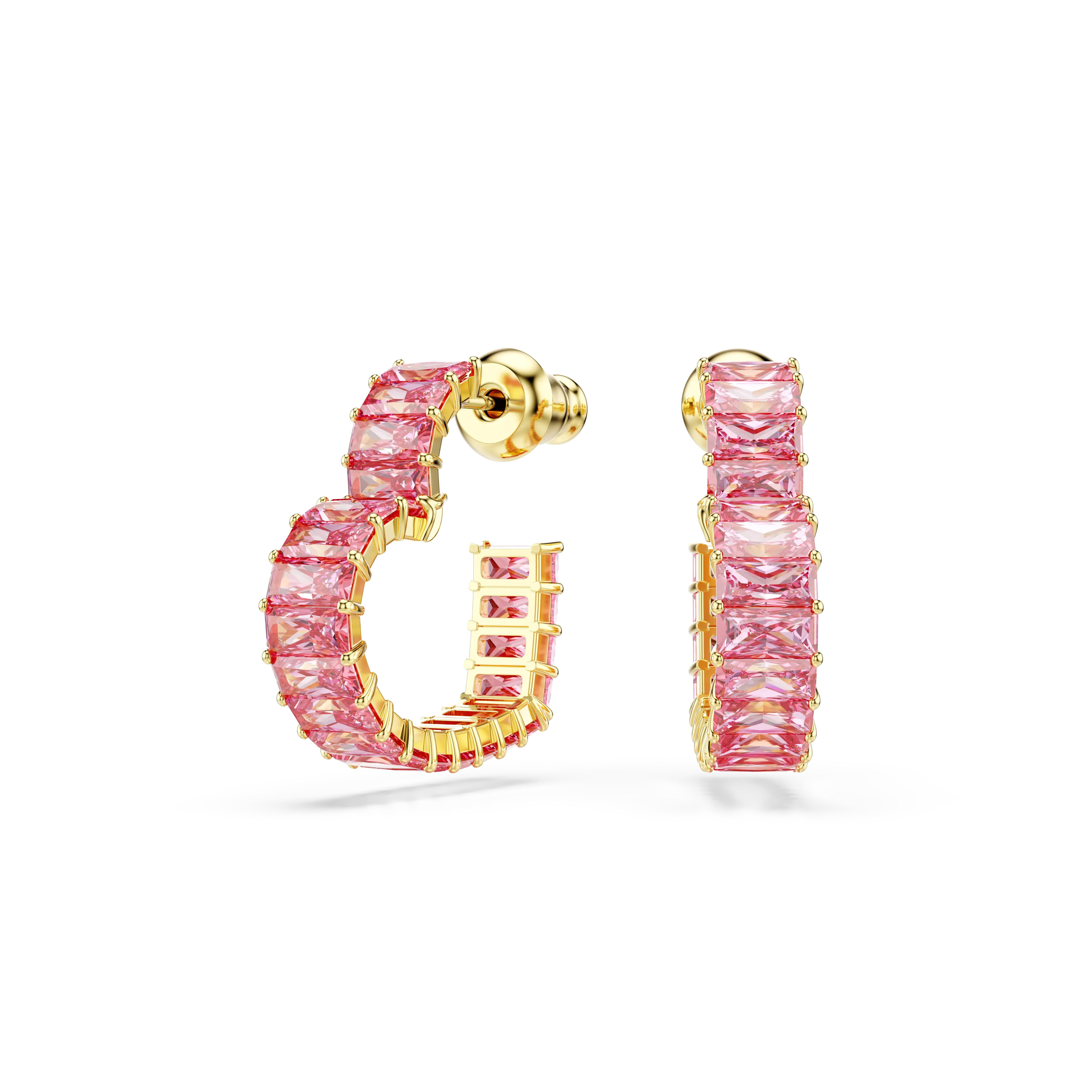 Matrix hoop earrings Baguette cut/Heart/Small/Pink/Gold-tone plated