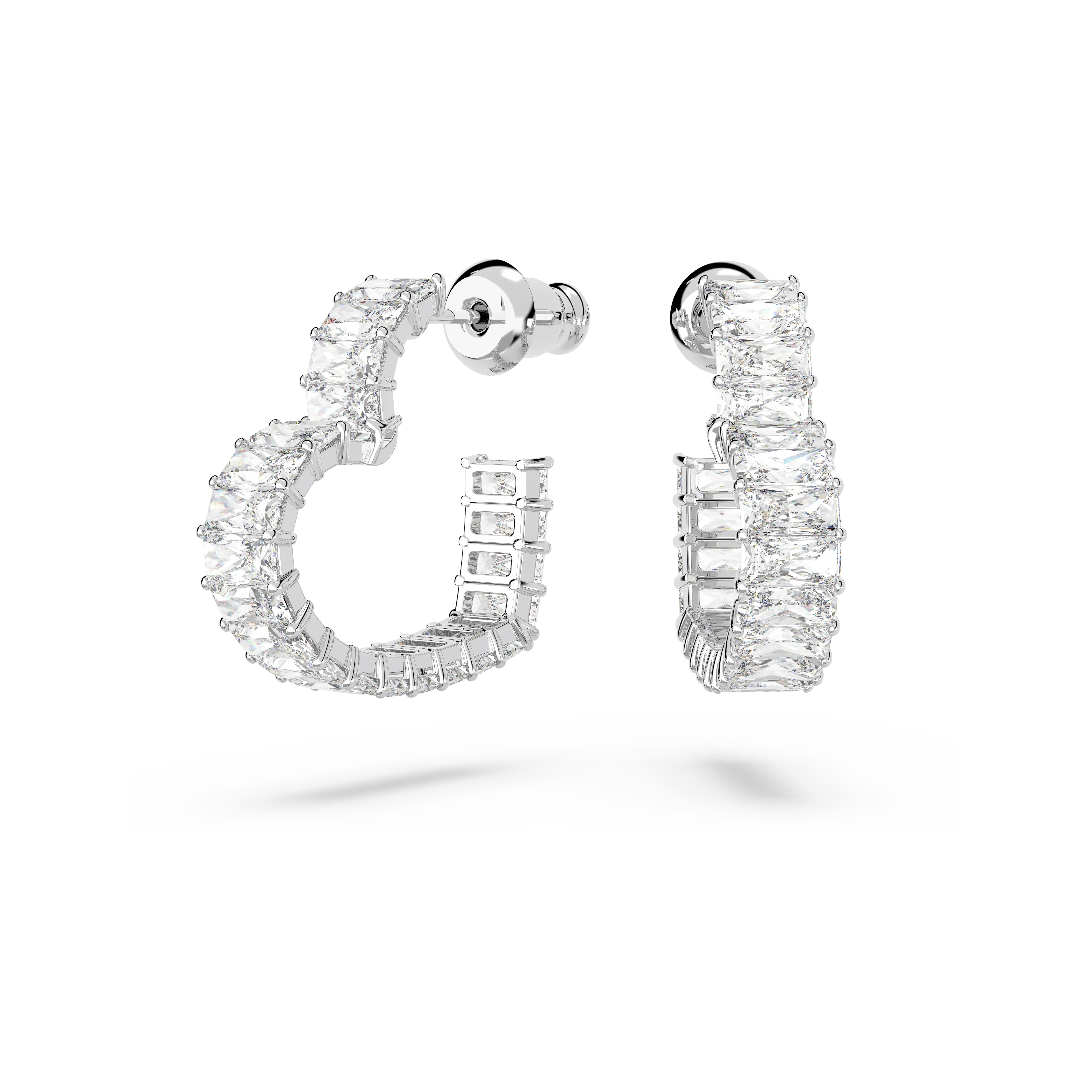 Matrix hoop earrings Baguette cut/Heart/Small/White/Rhodium plated