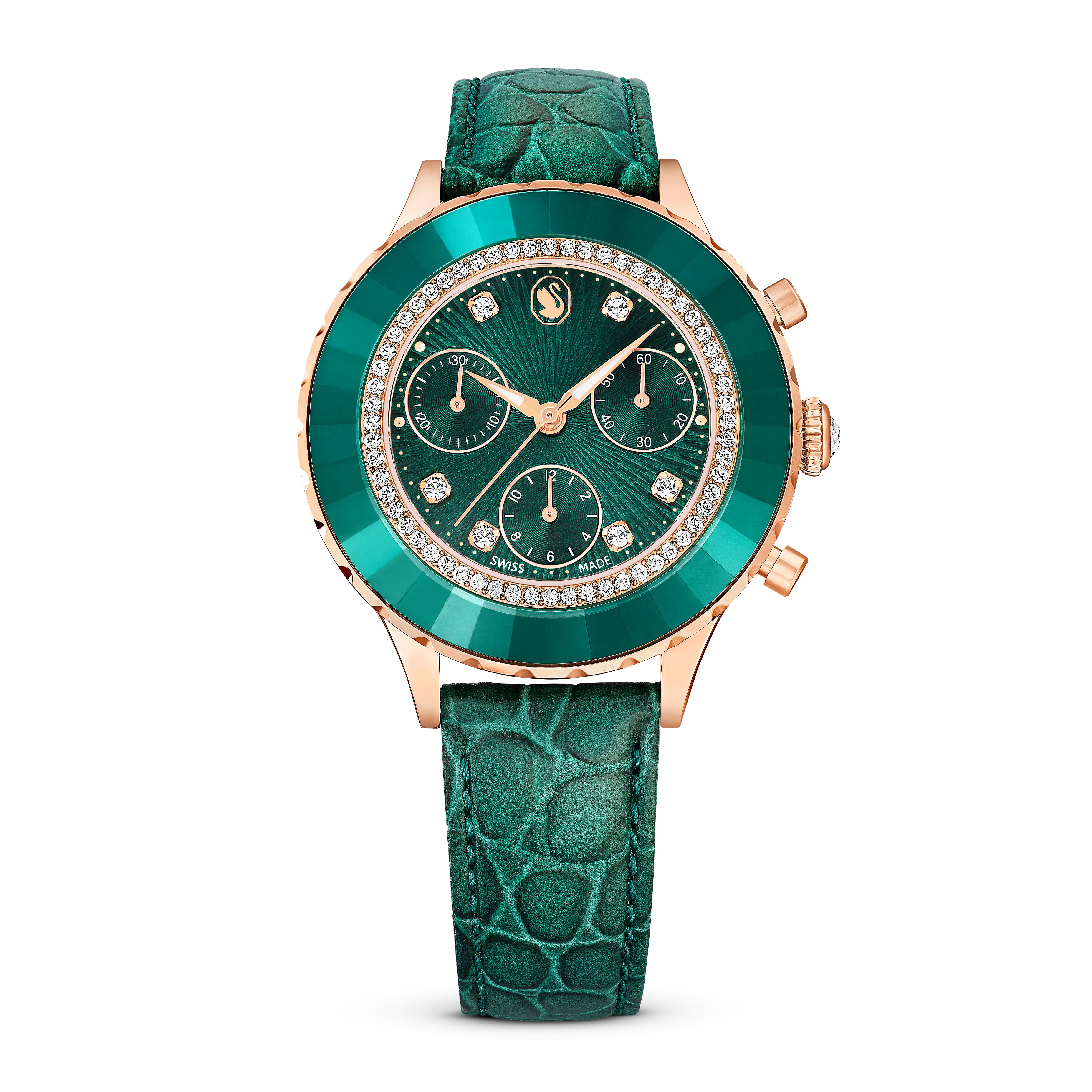 Octea Chrono watch Swiss Made/Leather strap/Green/Rose gold-tone finish