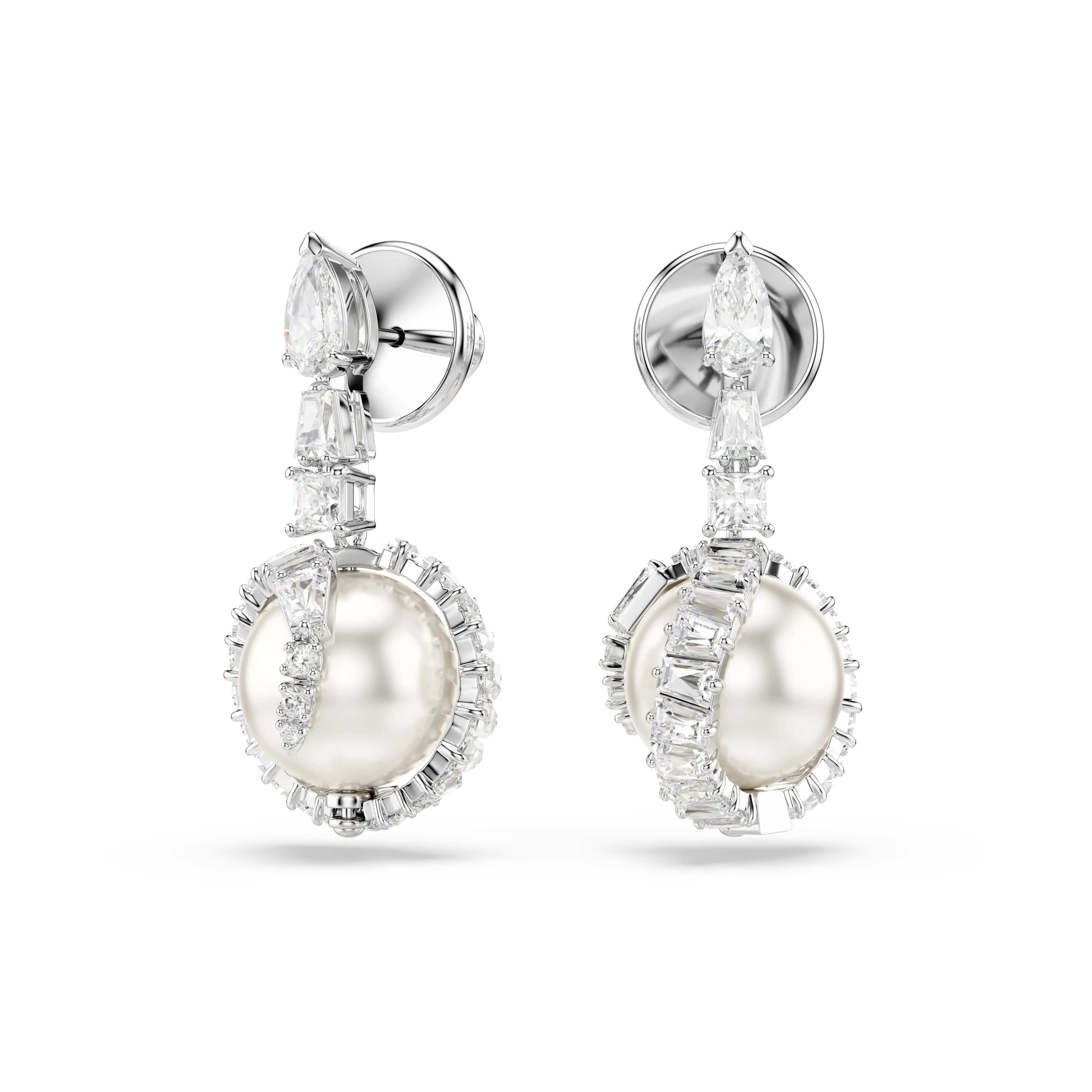 Snake drop earrings Crystal pearl/Mixed cuts/Year of the Snake/White/Rhodium plated