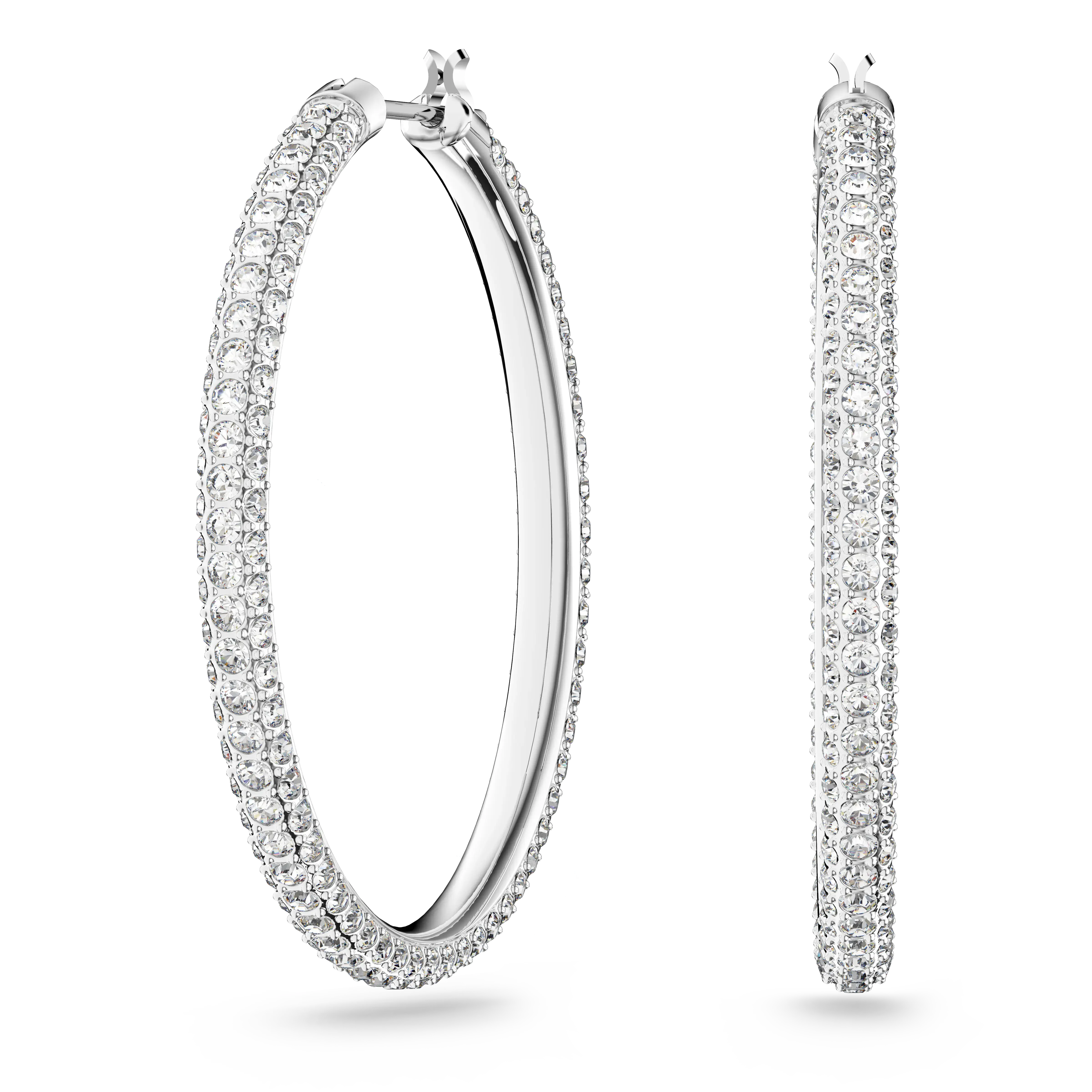 Stone hoop earrings Pavé/Large/White/Rhodium plated