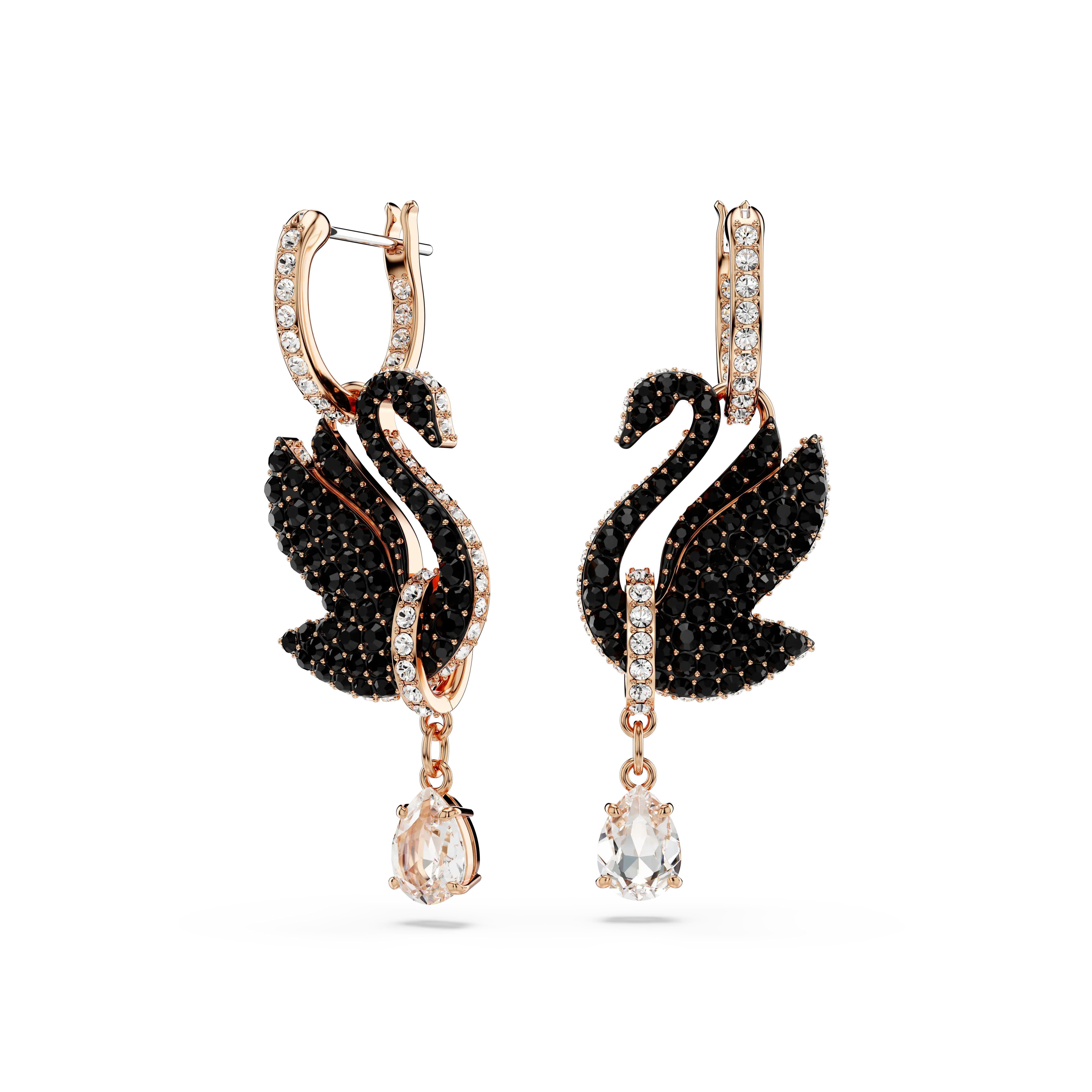 Swan drop earrings Swan/Black/Rose gold-tone plated