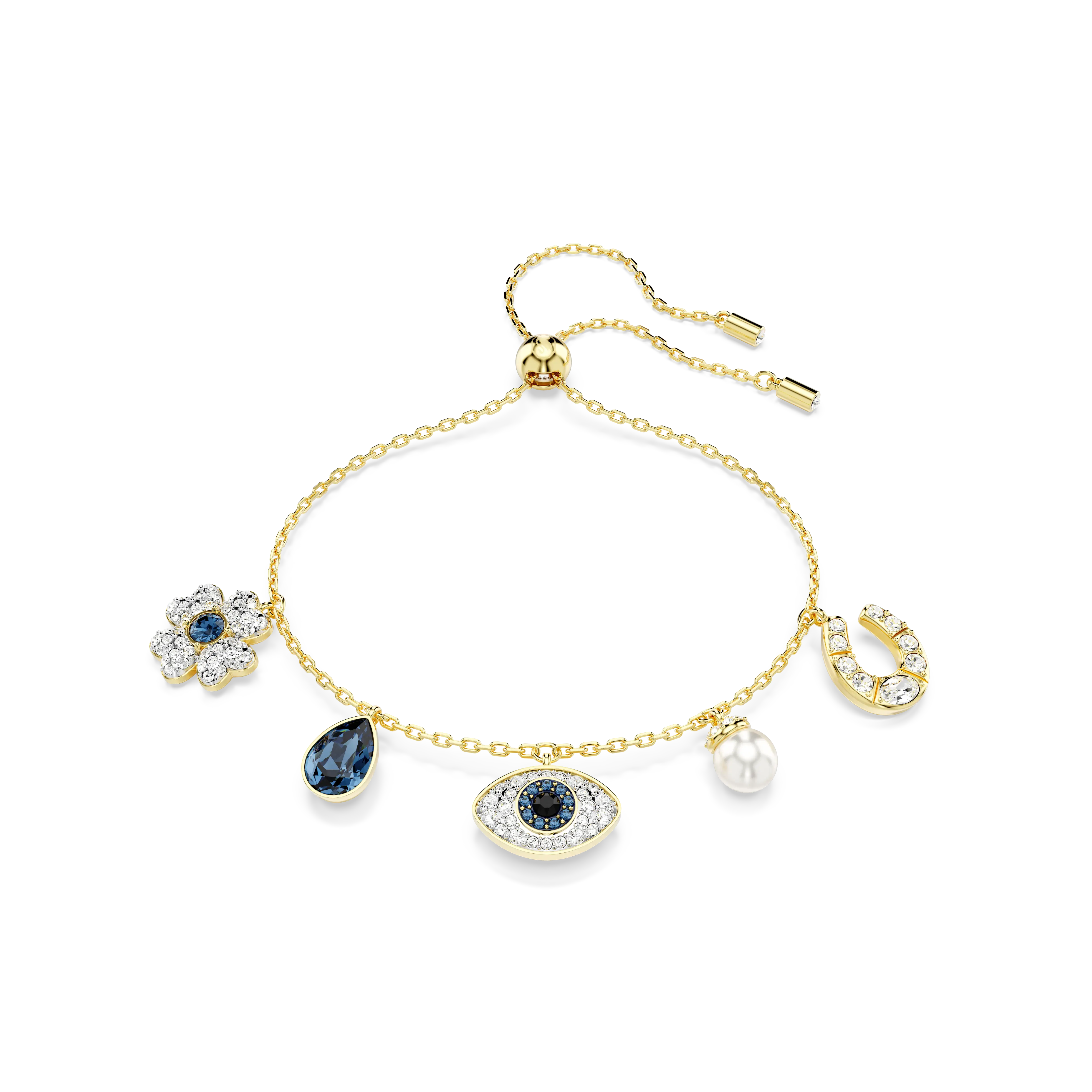 Symbolica bracelet Crystal pearl/Clover/evil eye and horseshoe/Blue/Gold-tone plated