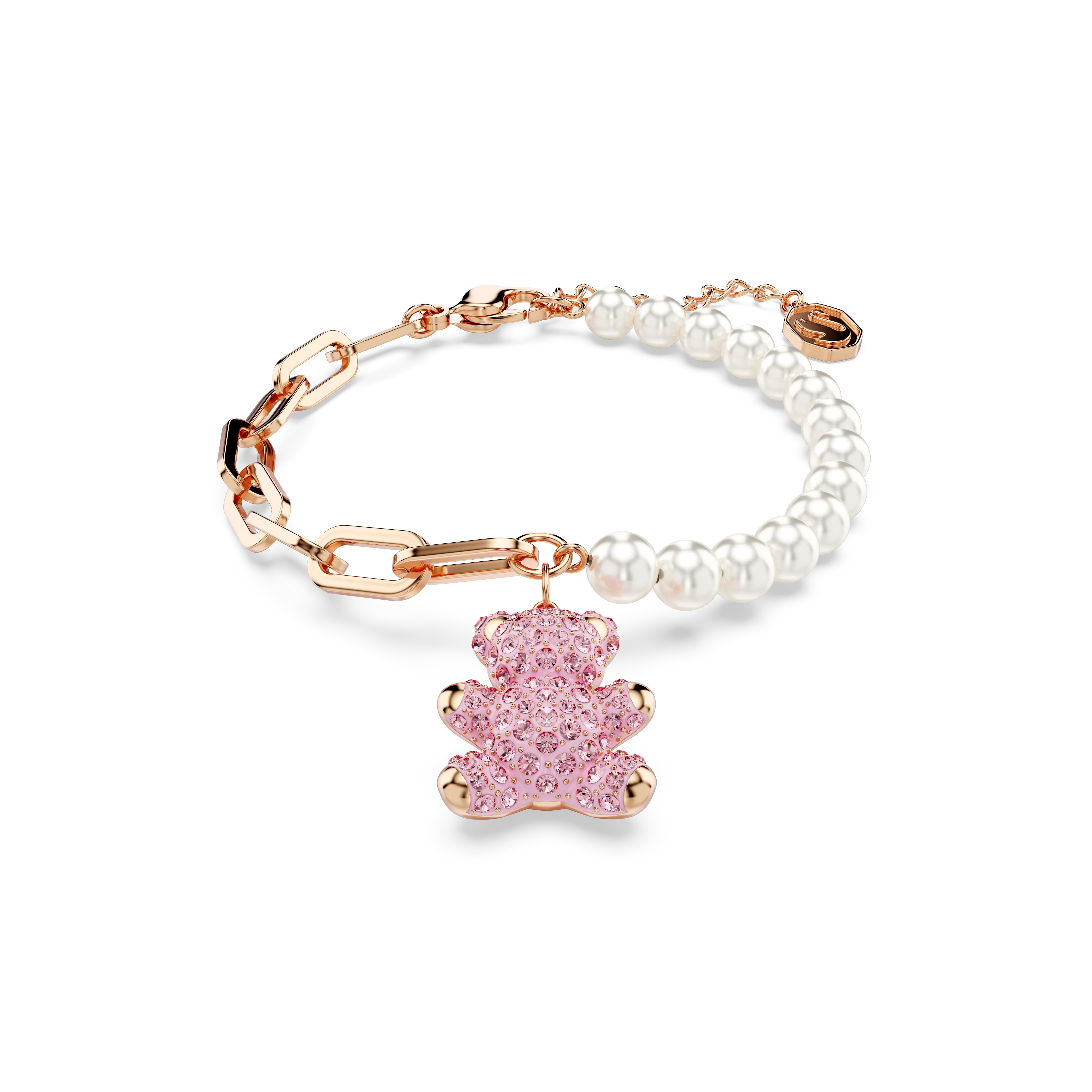 Teddy bracelet Crystal pearl/Bear/Pink/Rose gold-tone plated